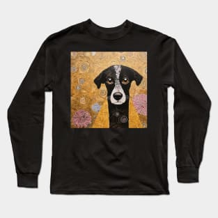 Black and White Klimt Dog with Floral Pattern Long Sleeve T-Shirt